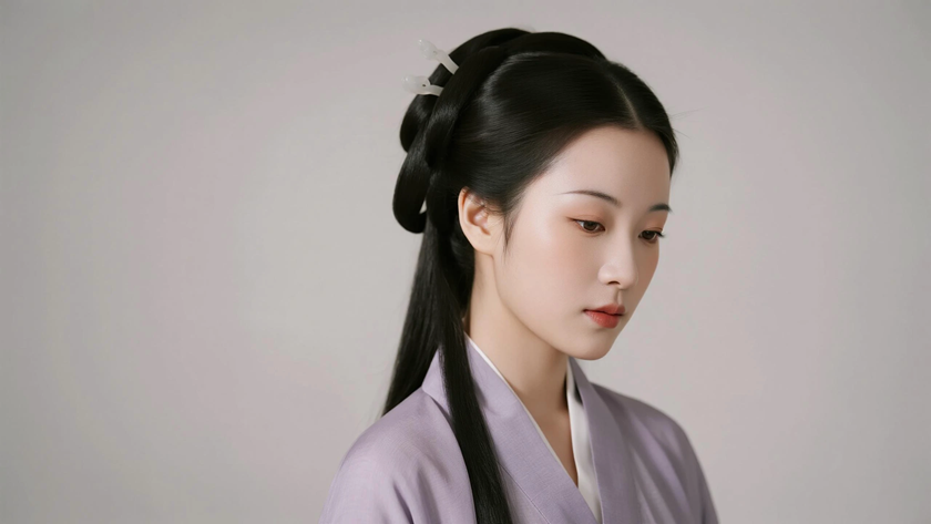 AI氛围感国风美人后梳顺直飘逸长束发雅致少女侧灰紫底色，桌面壁纸