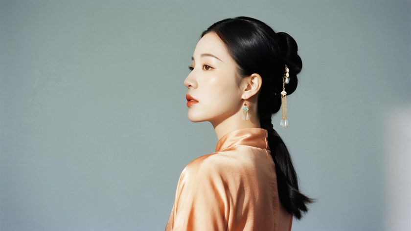 AI国风美人穿搭橘杏缎面旗袍温婉女子正面纯色背景,电脑壁纸
