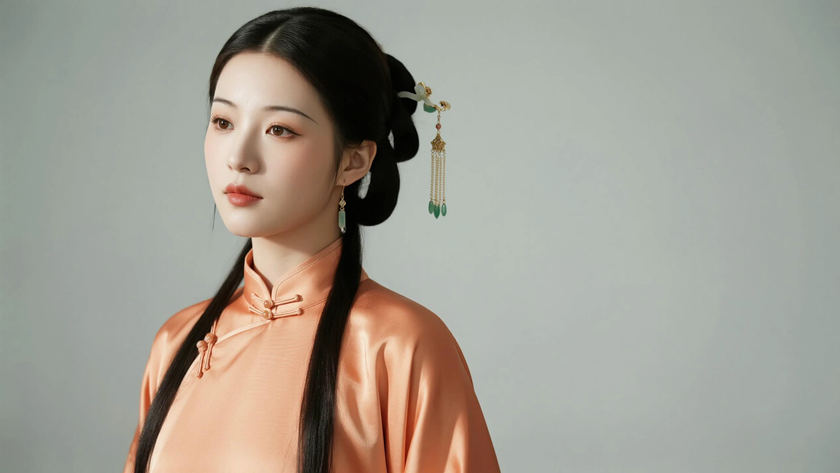 AI纯色极简国风美人橘杏浅橙温柔复古佳人,无水印壁纸