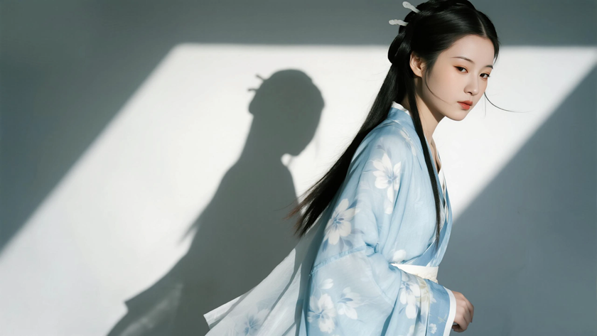 AI氛围感国风美人高半扎慵懒长马尾柔和少女侧浅靛底色,桌面壁纸