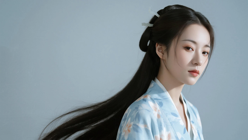 AI国风美人穿搭浅靛蓝碎花宋裙灵动女子正面纯色背景,电脑壁纸