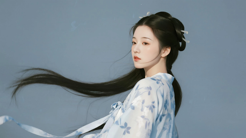 AI纯色极简国风美人浅靛蓝简约灵动古风佳人,无水印壁纸