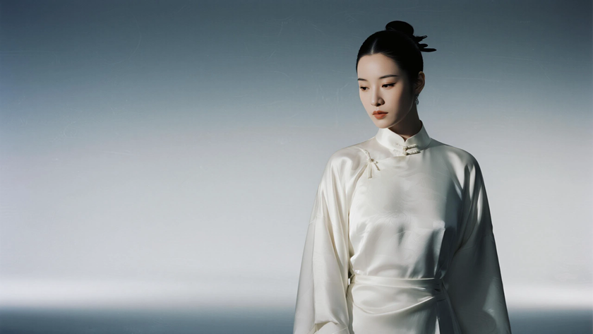 AI优雅旗袍模特穿搭月白真丝长款旗袍温婉古典美人正面纯色背景，电脑壁纸