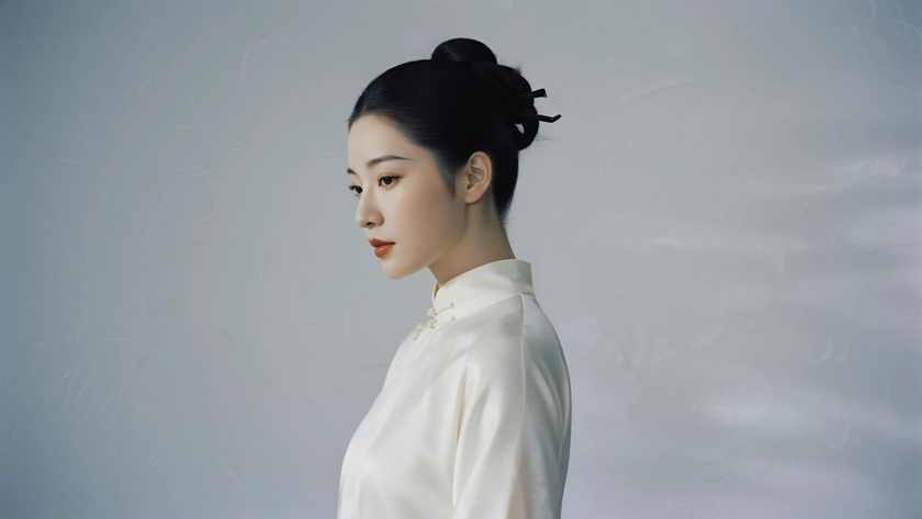 AI柔光旗袍模特古典盘发清雅女生月白底色，桌面壁纸