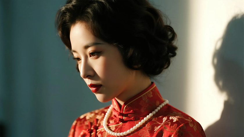 AI优雅旗袍模特穿搭嫣红织锦改良旗袍明艳复古美人正面纯色背景，电脑壁纸