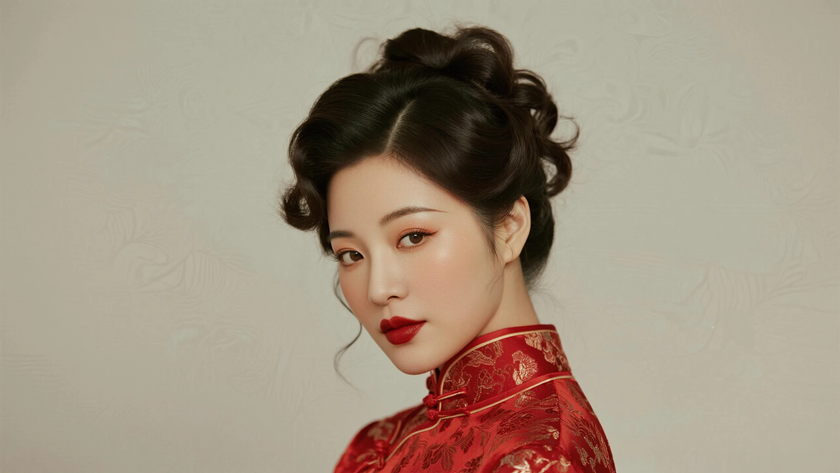 AI柔光旗袍模特复古卷发妩媚女生嫣红底色，桌面壁纸