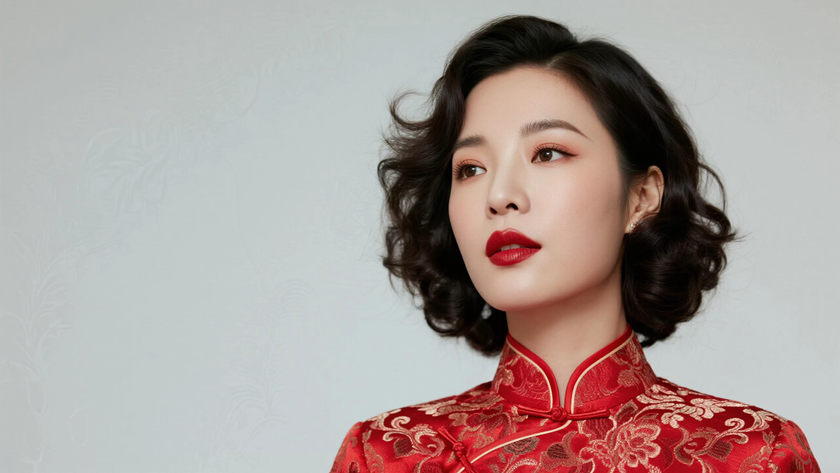 AI纯色极简优雅旗袍嫣红明艳复古美人，无水印壁纸