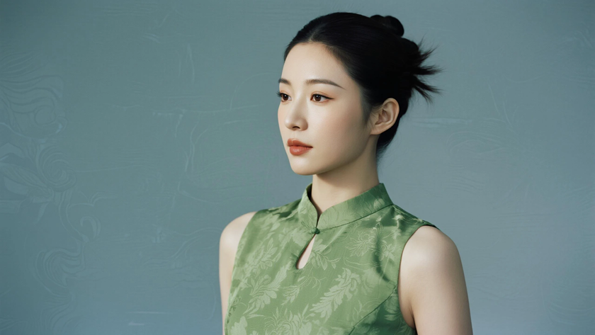 AI优雅旗袍模特穿搭豆绿暗纹修身旗袍娴静气质美人正面纯色背景,电脑壁纸