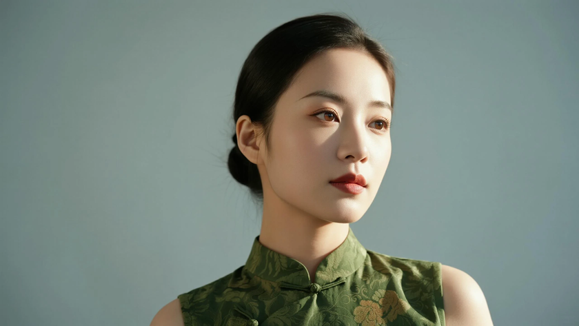 AI柔光旗袍模特低挽发髻温婉女生豆绿底色,桌面壁纸