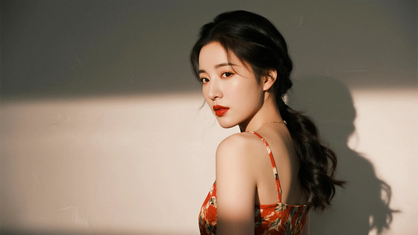 AI低盘束发温婉卷发女生柿红棕底色桌面壁纸