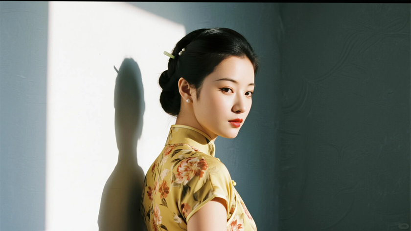 AI优雅旗袍模特穿搭鹅黄碎花短款旗袍清甜活泼少女正面纯色背景,电脑壁纸