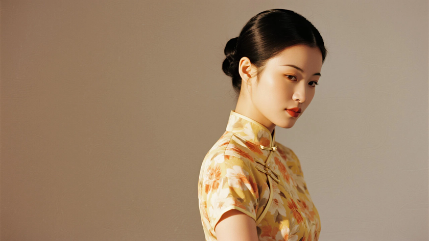 AI明亮柔光国风旗袍碎花轻盈质感女生,高清壁纸