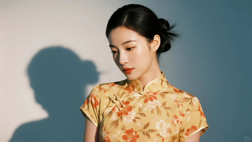 AI纯色极简优雅旗袍鹅黄清甜活泼少女,无水印壁纸