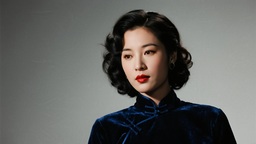 AI优雅旗袍模特穿搭黛蓝丝绒长款旗袍华贵复古美人正面纯色背景，电脑壁纸