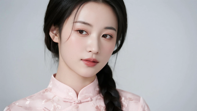 AI优雅旗袍模特穿搭浅粉刺绣改良旗袍温柔甜美少女正面纯色背景,电脑壁纸