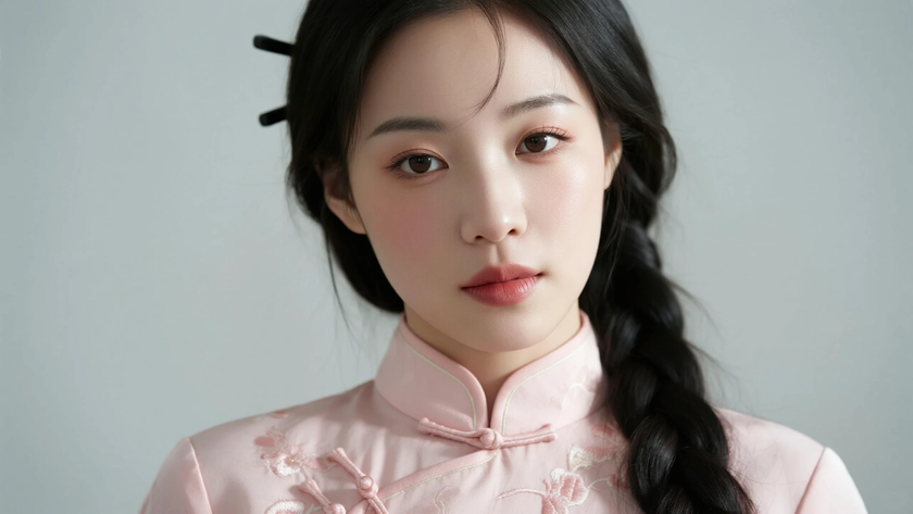 AI纯色极简优雅旗袍浅粉温柔甜美少女,无水印壁纸