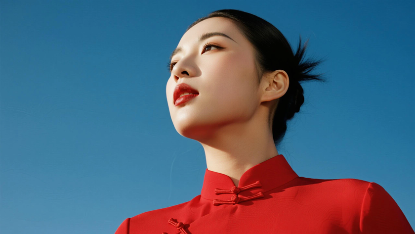 AI优雅旗袍模特穿搭朱红盘扣短款旗袍明艳干练美人正面纯色背景,电脑壁纸