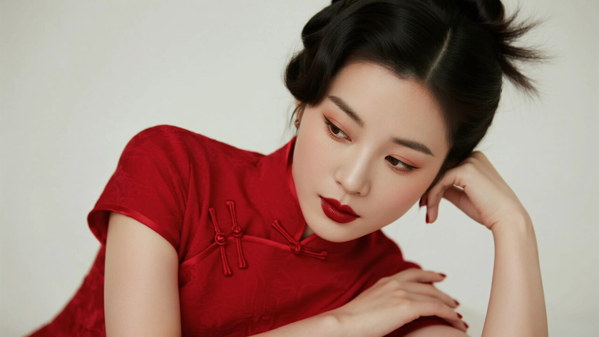 AI纯色极简优雅旗袍朱红明艳干练美人,无水印壁纸