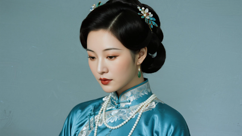 AI优雅旗袍模特穿搭湖蓝织锦长款旗袍华贵古典美人正面纯色背景,电脑壁纸