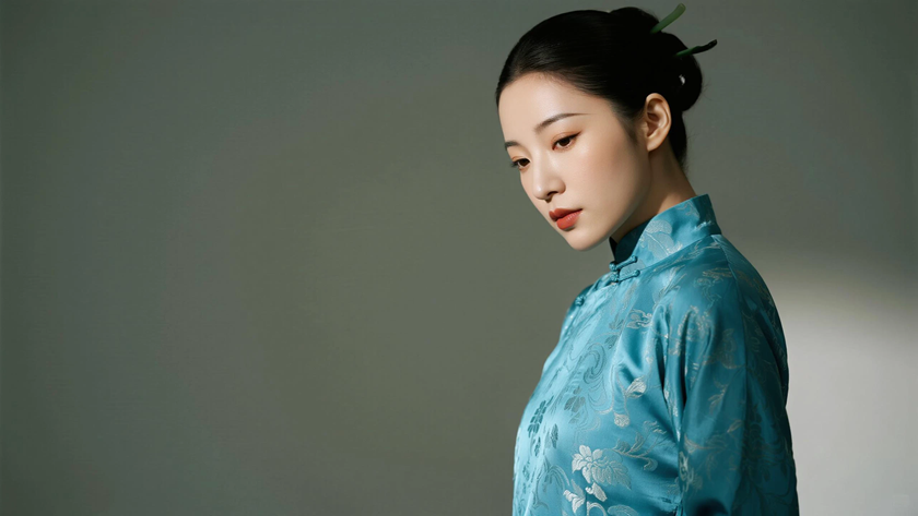 AI柔光旗袍模特古典盘发清雅女生湖蓝底色,桌面壁纸