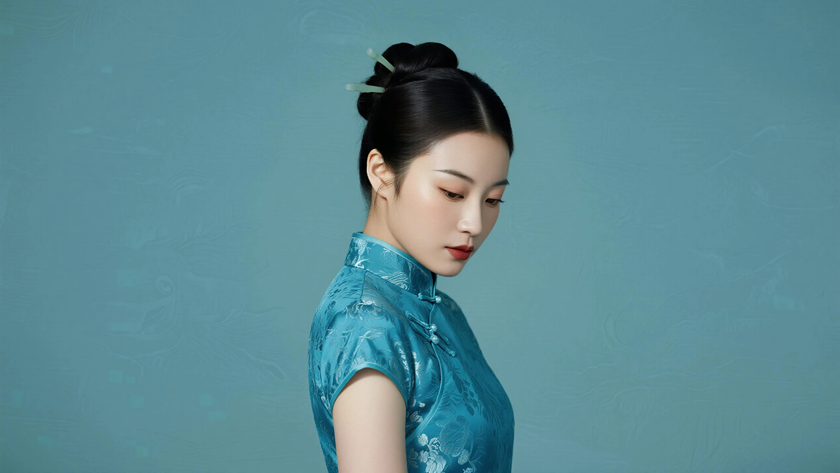 AI冷调柔光国风旗袍织锦华丽质感女生,高清壁纸
