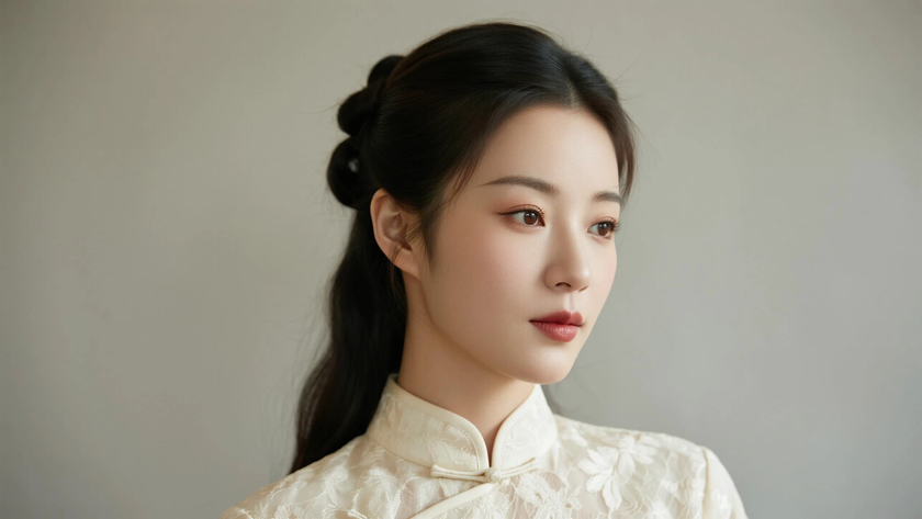 AI柔光旗袍模特半扎发温婉女生杏色底色,桌面壁纸