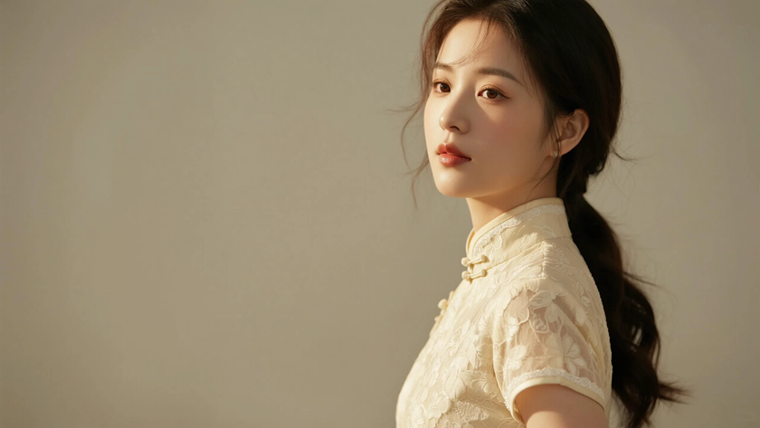 AI纯色极简优雅旗袍杏色温柔甜美少女,无水印壁纸