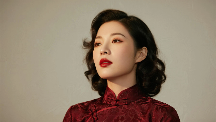 AI优雅旗袍模特穿搭酱红暗纹长款旗袍华贵复古美人正面纯色背景,电脑壁纸