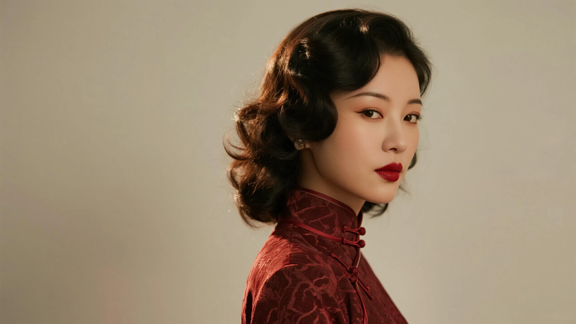 AI柔光旗袍模特复古大波浪卷发妩媚女生酱红底色,桌面壁纸