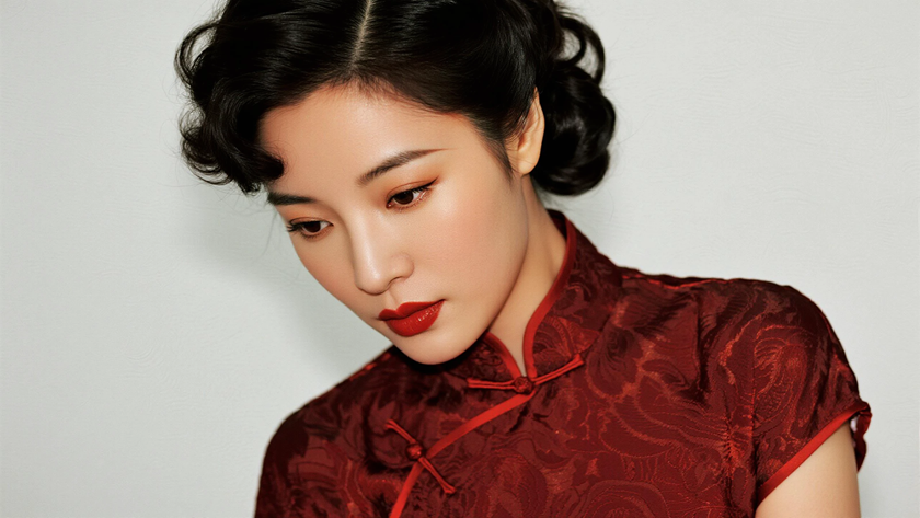 AI暗调柔光国风旗袍暗纹细腻质感女生,高清壁纸