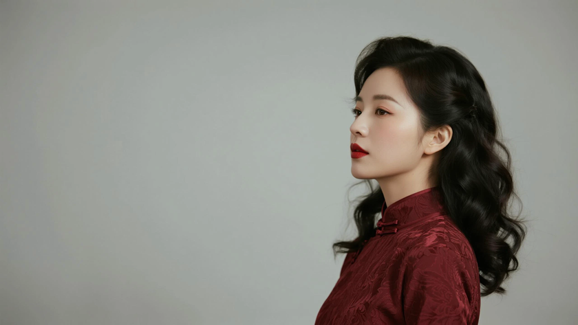 AI纯色极简优雅旗袍酱红华贵复古美人,无水印壁纸