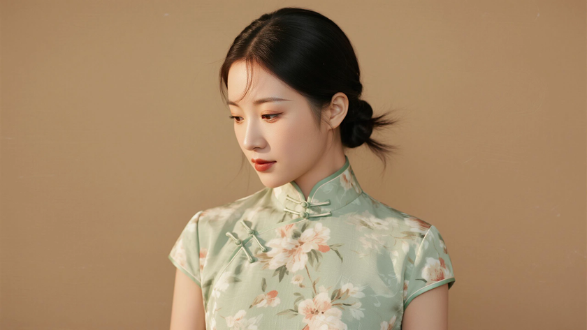 AI优雅旗袍模特穿搭浅绿碎花短款旗袍清甜活泼少女正面纯色背景，电脑壁纸