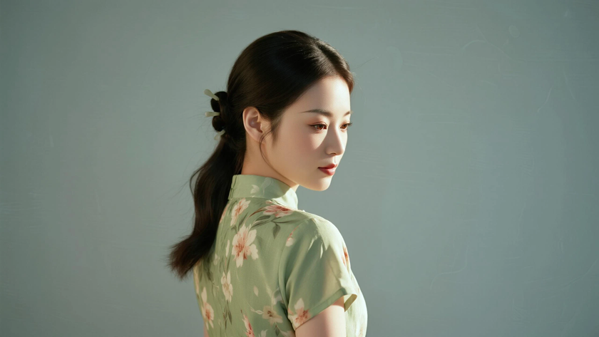 AI明亮柔光国风旗袍碎花轻盈质感女生，高清壁纸