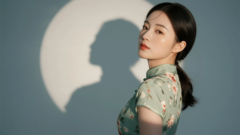 AI纯色极简优雅旗袍浅绿清甜活泼少女，无水印壁纸
