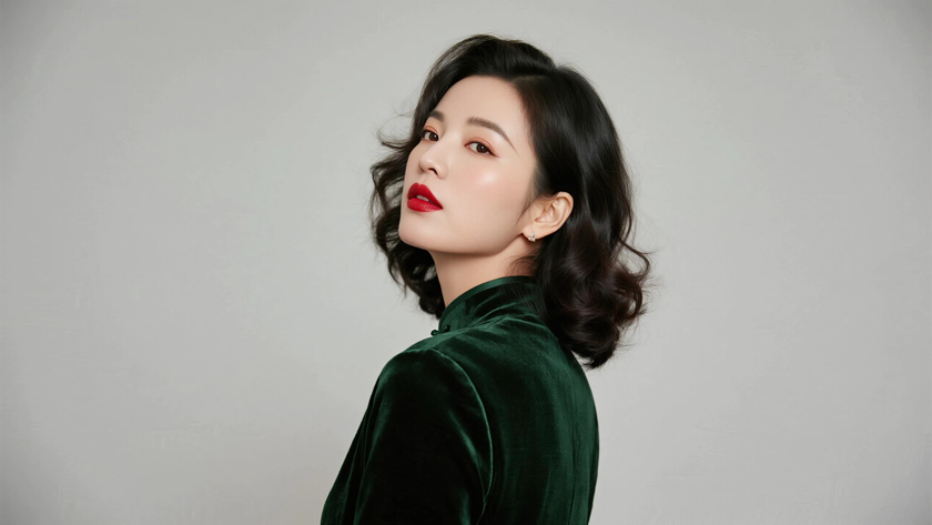 AI柔光旗袍模特复古大波浪卷发妩媚女生墨绿底色，桌面壁纸