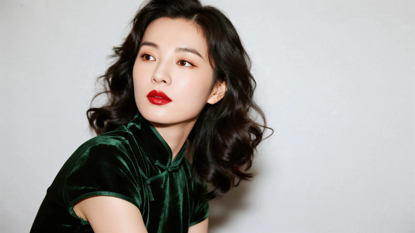 AI优雅旗袍模特穿搭墨绿丝绒长款旗袍华贵复古美人正面纯色背景，电脑壁纸