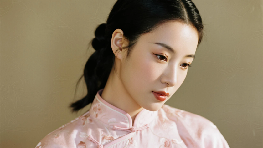 AI优雅旗袍模特穿搭浅粉刺绣改良旗袍温柔甜美少女正面纯色背景,电脑壁纸