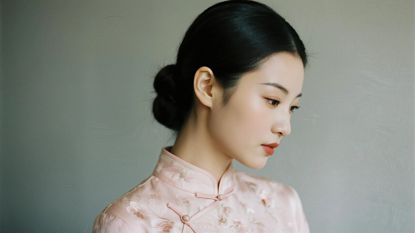 AI柔光旗袍模特半扎发温婉女生浅粉底色,桌面壁纸