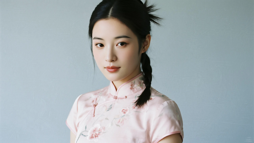 AI纯色极简优雅旗袍浅粉温柔甜美少女,无水印壁纸