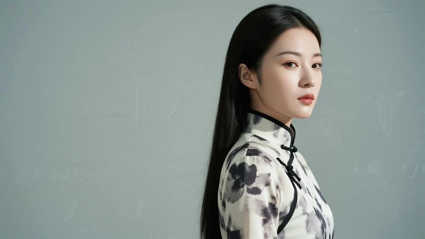 AI优雅旗袍模特穿搭水墨印花长款旗袍清雅文艺美人正面纯色背景,电脑壁纸