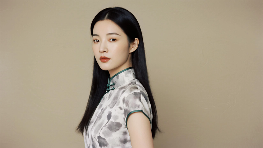 AI柔光旗袍模特柔顺长发温婉女生水墨底色,桌面壁纸