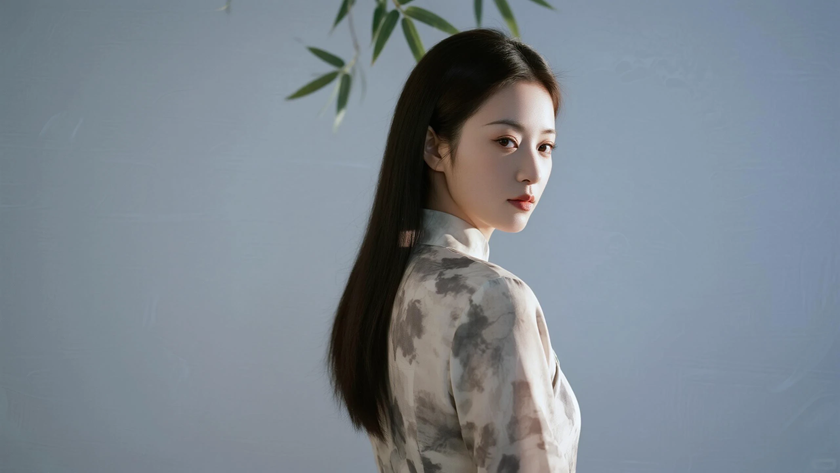 AI清透柔光国风旗袍印花写意质感女生,高清壁纸