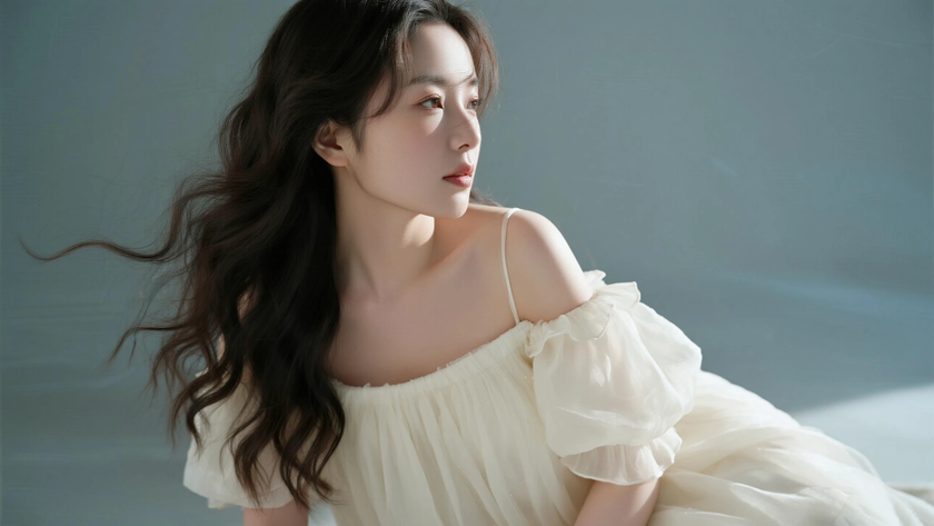 AI柔光治愈模特高颅顶长卷发温婉女生侧脸奶白浅底,桌面壁纸