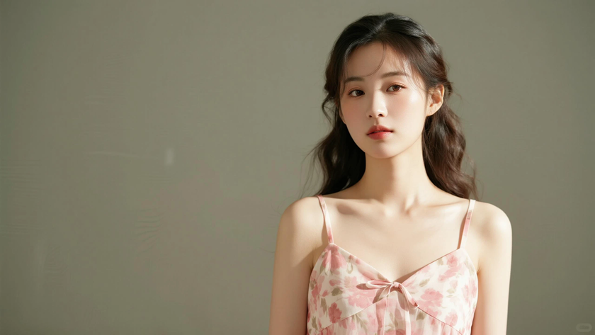 AI柔光治愈模特低垂羊毛长卷发甜美女生侧脸浅桃底色,桌面壁纸