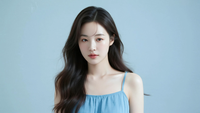 AI柔光治愈模特半扎超长卷发清透女生侧脸浅蓝底色,桌面壁纸