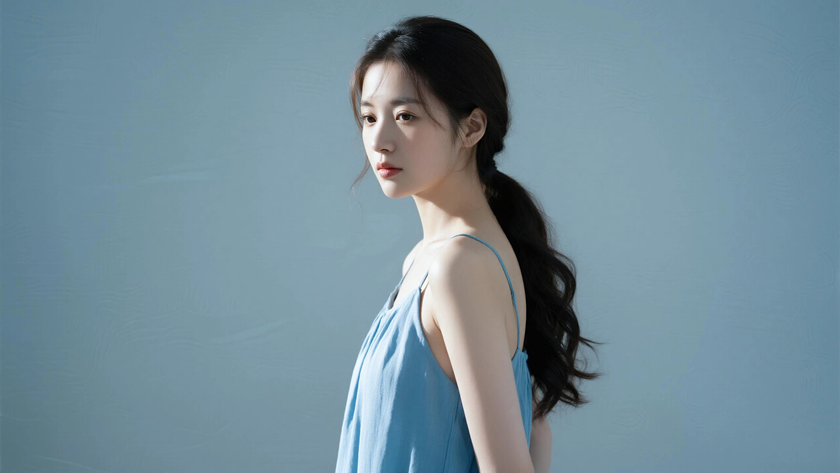AI清新治愈模特穿搭婴儿蓝棉感吊带裙恬静少女正面纯色背景,电脑壁纸