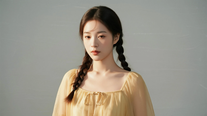 AI清新治愈模特穿搭鹅黄褶皱纱吊带裙元气少女正面纯色背景,电脑壁纸