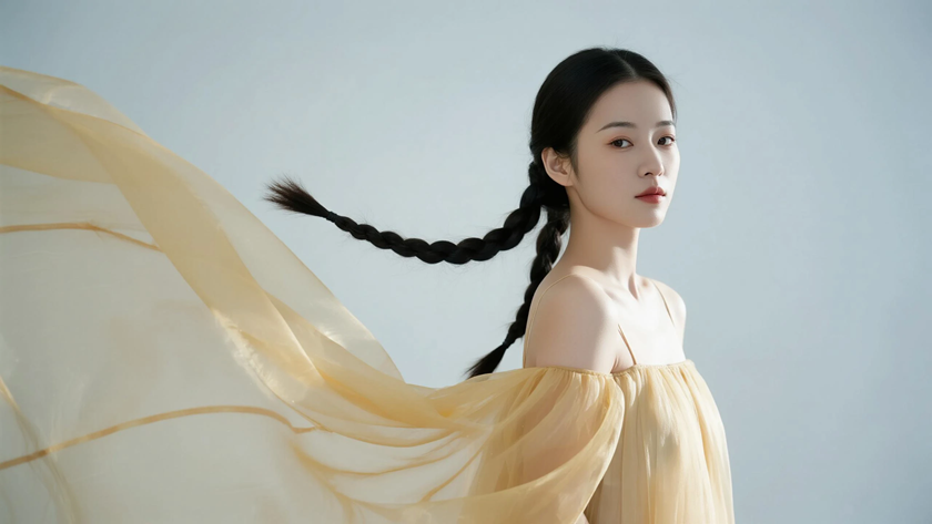 AI柔光治愈模特双垂麻花长辫灵动女生侧脸鹅黄底色,桌面壁纸