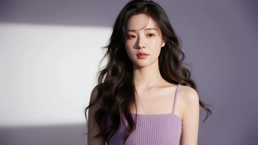 AI清新治愈模特穿搭芋泥紫针织吊带裙软糯少女正面纯色背景,电脑壁纸