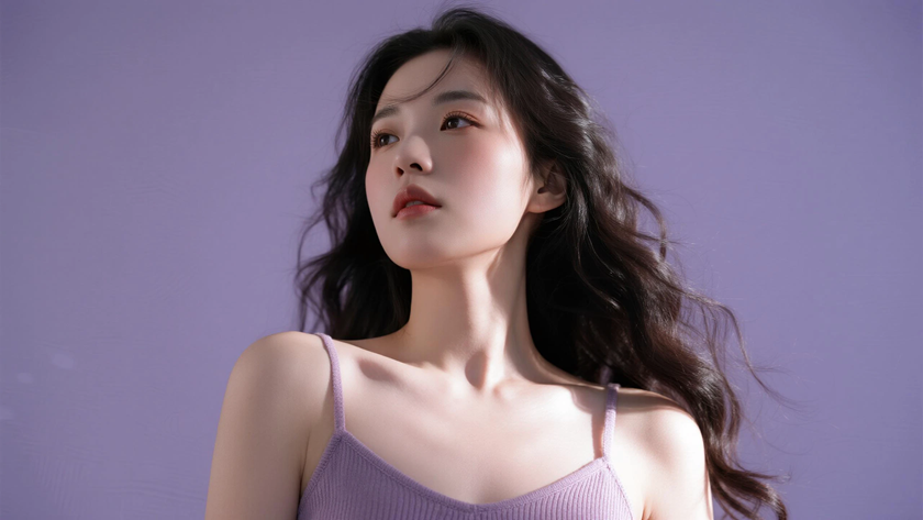 AI柔光治愈模特超长水波纹卷发温柔女生侧脸芋紫底色,桌面壁纸